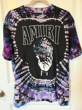 AMIRI Black Tie-Dye Graphic Tee with Purple & Blue Accents